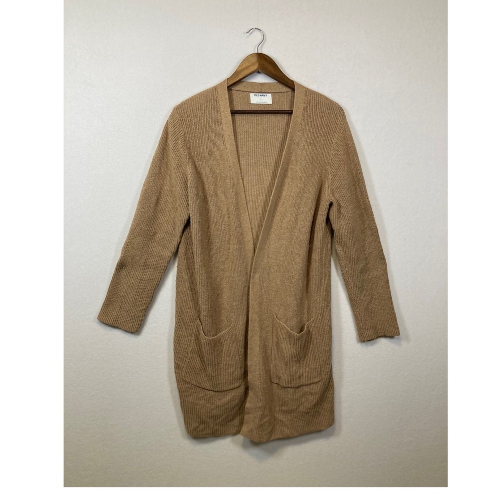 OLD‎ NAVY Women Tan Ribbed Knit Long Cardigan Sweater Pockets Size L